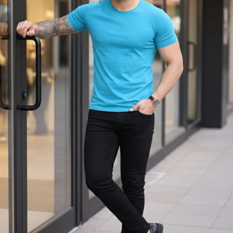 Erkek Bisiklet Yaka Tişört Kısa Kol Slim Fit Body 3'lü Set Siyah-Kırmızı-Açık Mavi