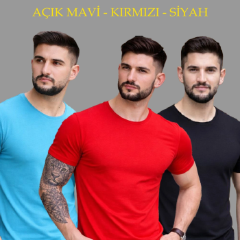 Erkek Bisiklet Yaka Tişört Kısa Kol Slim Fit Body 3'lü Set Siyah-Kırmızı-Açık Mavi