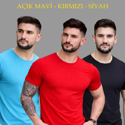 Erkek Bisiklet Yaka Tişört Kısa Kol Slim Fit Body 3'lü Set Siyah-Kırmızı-Açık Mavi