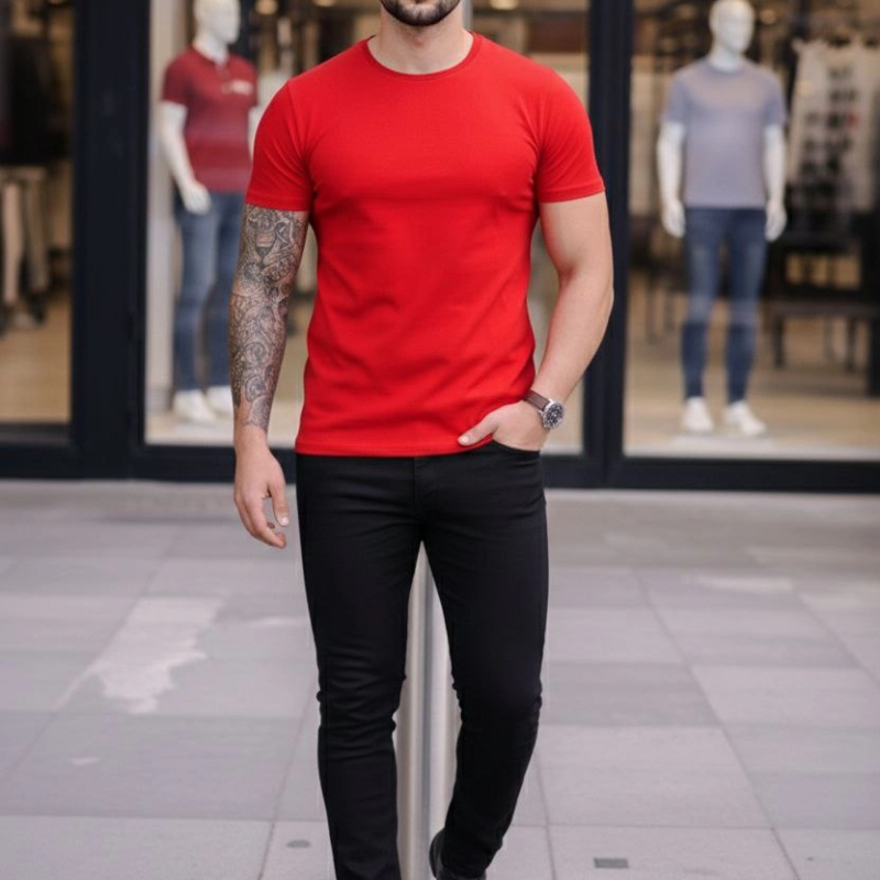 Erkek Bisiklet Yaka Tişört Kısa Kol Slim Fit Body 3'lü Set Siyah-Kırmızı-Açık Mavi