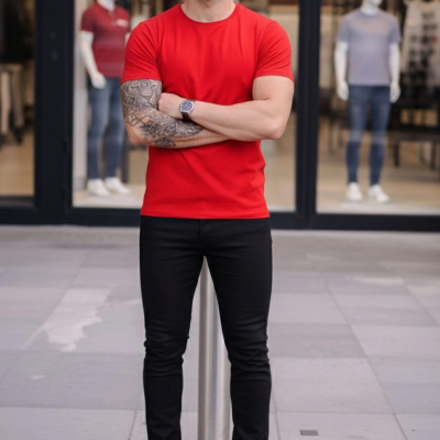 Erkek Bisiklet Yaka Tişört Kısa Kol Slim Fit Body 3'lü Set Siyah-Kırmızı-Açık Mavi