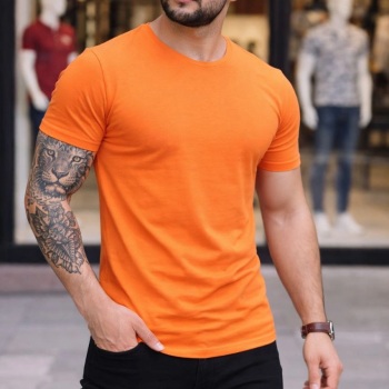 Erkek Bisiklet Yaka Tişört Kısa Kol Slim Fit Body 3'lü Set Siyah-Turuncu-Sarı