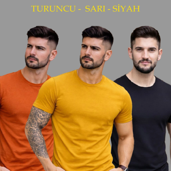 Erkek Bisiklet Yaka Tişört Kısa Kol Slim Fit Body 3'lü Set Siyah-Turuncu-Sarı
