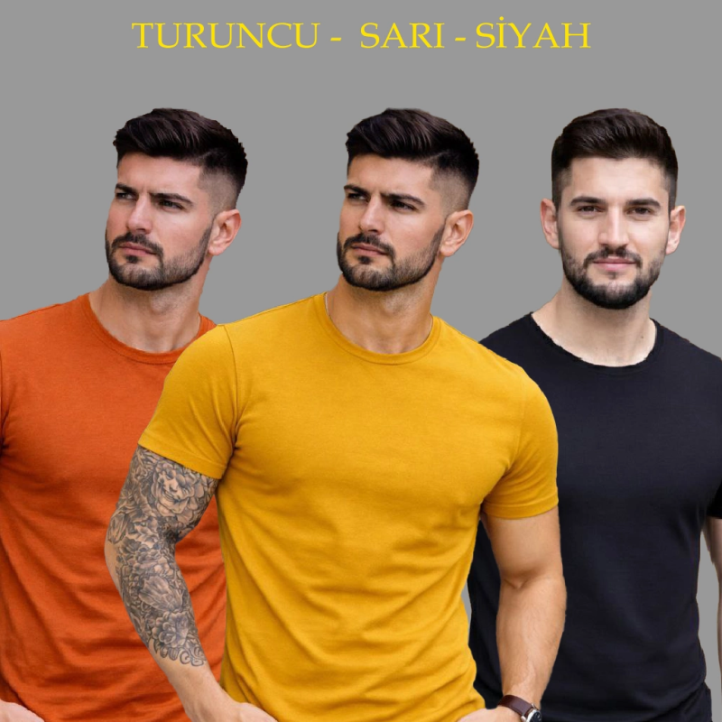Erkek Bisiklet Yaka Tişört Kısa Kol Slim Fit Body 3'lü Set Siyah-Turuncu-Sarı