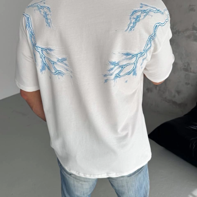 Erkek Bisiklet Yaka Tişört Yıldırım Şimşek Baskılı Kısa Kol T-Shirt - Beyaz