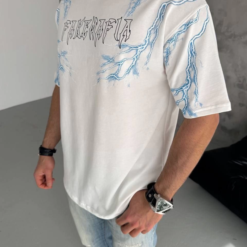 Erkek Bisiklet Yaka Tişört Yıldırım Şimşek Baskılı Kısa Kol T-Shirt - Beyaz
