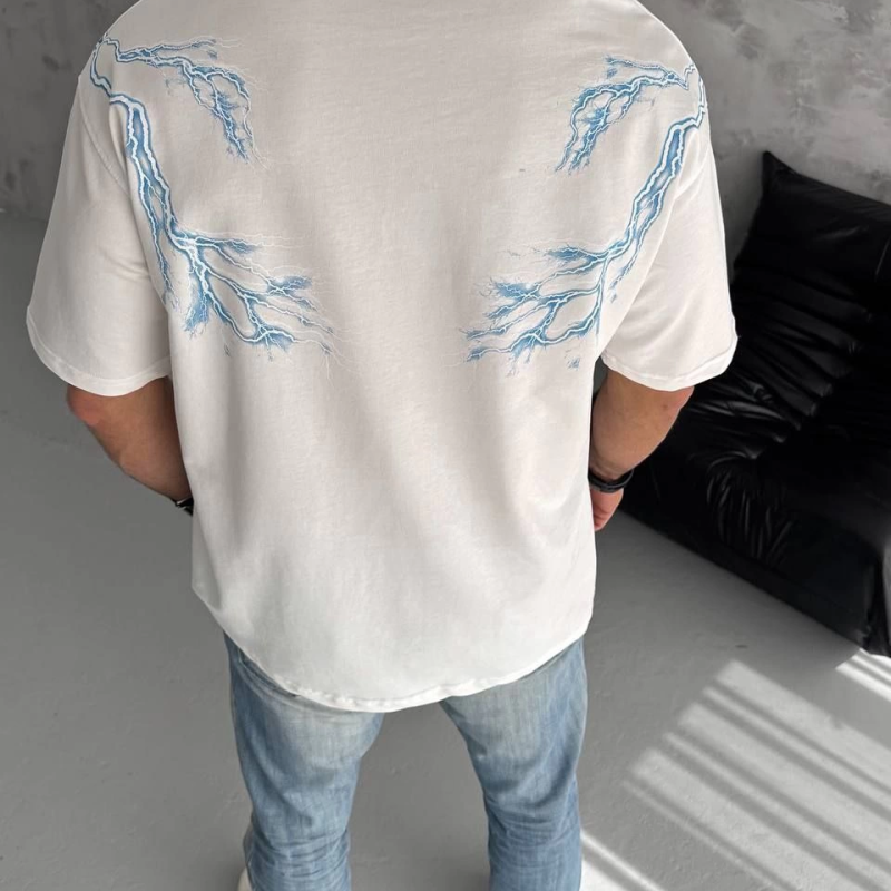 Erkek Bisiklet Yaka Tişört Yıldırım Şimşek Baskılı Kısa Kol T-Shirt - Beyaz