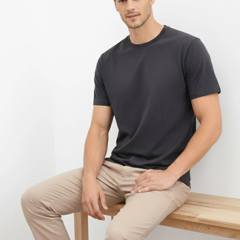 Erkek Bisiklet Yaka Yazlık Kısa kol Düz Tişört Regular Kalıp T-shirt - Füme