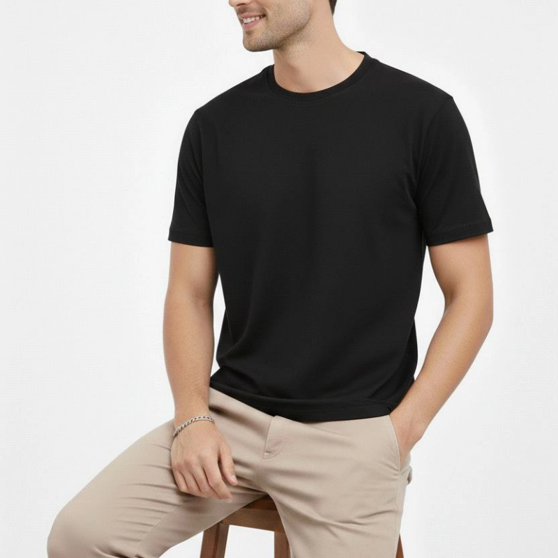 Erkek Bisiklet Yaka Yazlık Kısa kol Düz Tişört Regular Kalıp T-shirt - Siyah