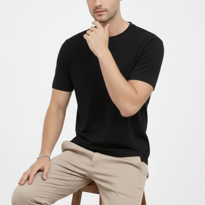 Erkek Bisiklet Yaka Yazlık Kısa kol Düz Tişört Regular Kalıp T-shirt - Siyah