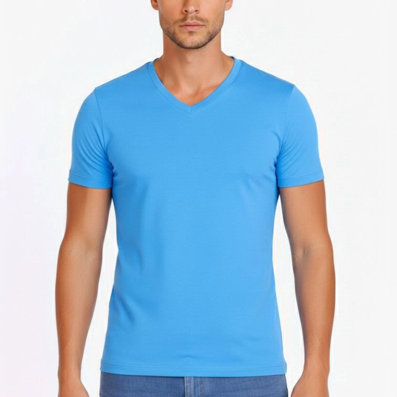 Erkek Body T-shirt V Yaka Slim Fit Likralı Kısa kol Tişört - Açık Mavi