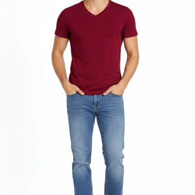 Erkek Body T-shirt V Yaka Slim Fit Likralı Kısa kol Tişört - Bordo