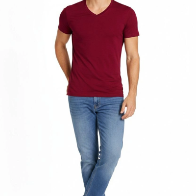 Erkek Body T-shirt V Yaka Slim Fit Likralı Kısa kol Tişört - Bordo