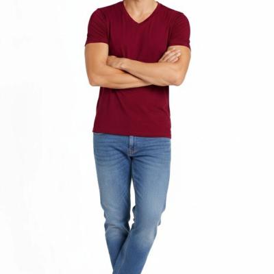 Erkek Body T-shirt V Yaka Slim Fit Likralı Kısa kol Tişört - Bordo
