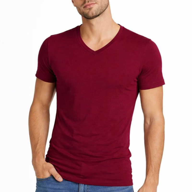 Erkek Body T-shirt V Yaka Slim Fit Likralı Kısa kol Tişört - Bordo