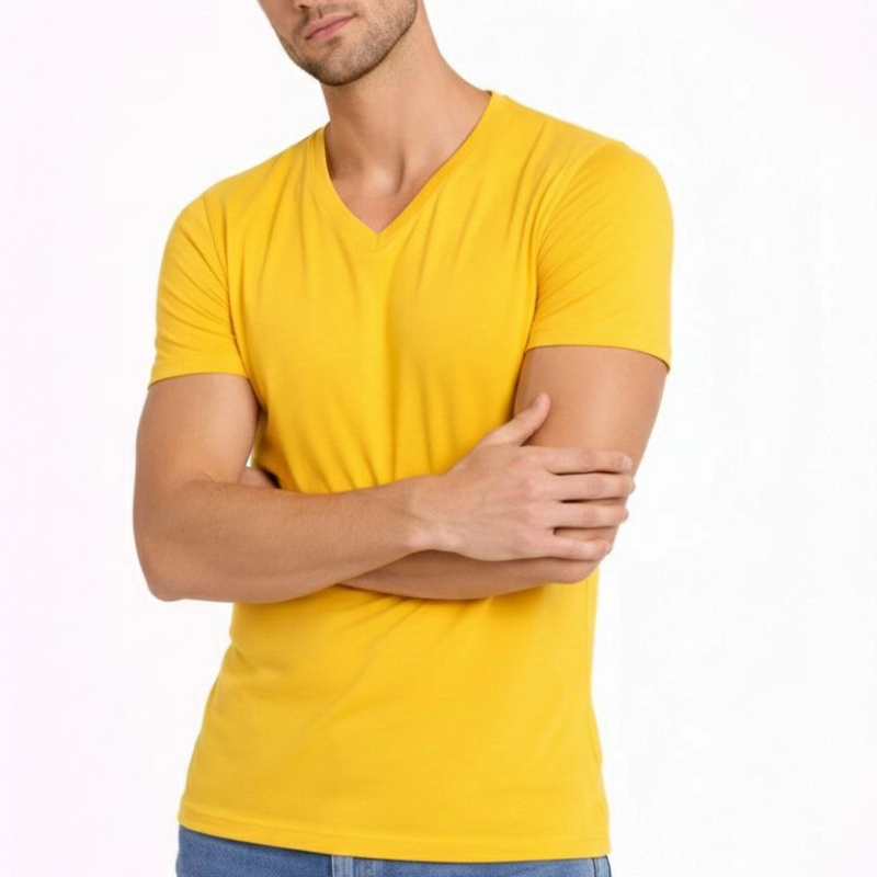 Erkek Body T-shirt V Yaka Slim Fit Likralı Kısa kol Tişört - Limon