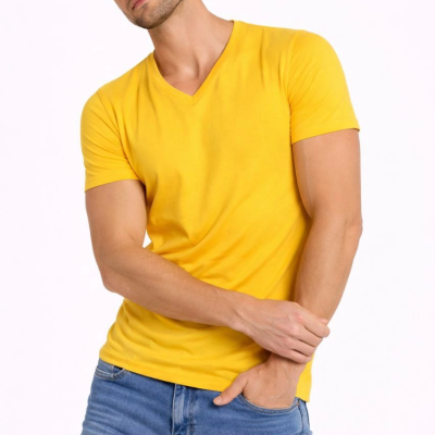 Erkek Body T-shirt V Yaka Slim Fit Likralı Kısa kol Tişört - Limon