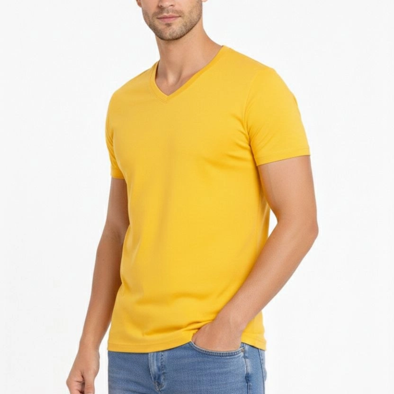 Erkek Body T-shirt V Yaka Slim Fit Likralı Kısa kol Tişört - Limon