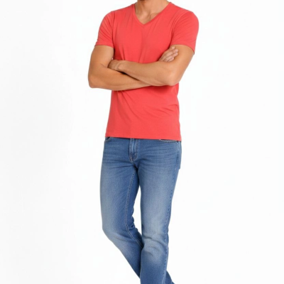 Erkek Body T-shirt V Yaka Slim Fit Likralı Kısa kol Tişört - Nar Çiçeği