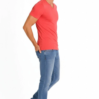 Erkek Body T-shirt V Yaka Slim Fit Likralı Kısa kol Tişört - Nar Çiçeği