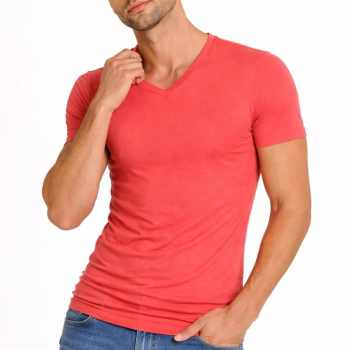 Erkek Body T-shirt V Yaka Slim Fit Likralı Kısa kol Tişört - Nar Çiçeği