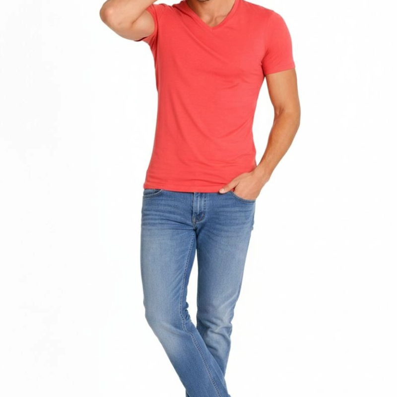 Erkek Body T-shirt V Yaka Slim Fit Likralı Kısa kol Tişört - Nar Çiçeği