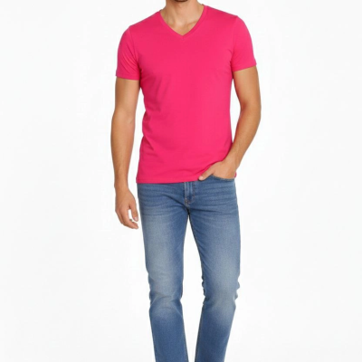 Erkek Body T-shirt V Yaka Slim Fit Likralı Kısa kol Tişört - Pembe