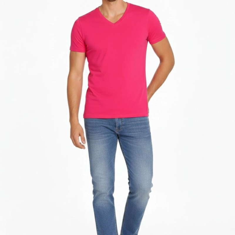 Erkek Body T-shirt V Yaka Slim Fit Likralı Kısa kol Tişört - Pembe