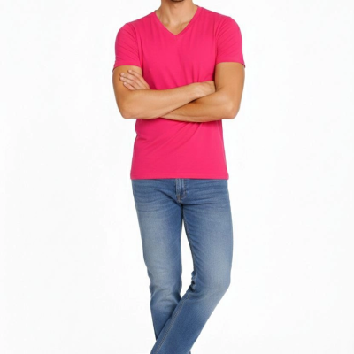 Erkek Body T-shirt V Yaka Slim Fit Likralı Kısa kol Tişört - Pembe