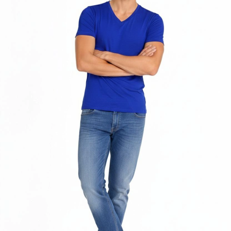 Erkek Body T-shirt V Yaka Slim Fit Likralı Kısa kol Tişört - Saks Mavisi