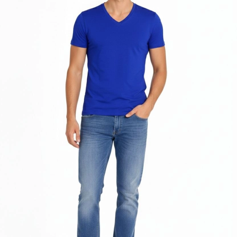 Erkek Body T-shirt V Yaka Slim Fit Likralı Kısa kol Tişört - Saks Mavisi