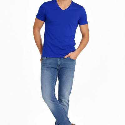 Erkek Body T-shirt V Yaka Slim Fit Likralı Kısa kol Tişört - Saks Mavisi