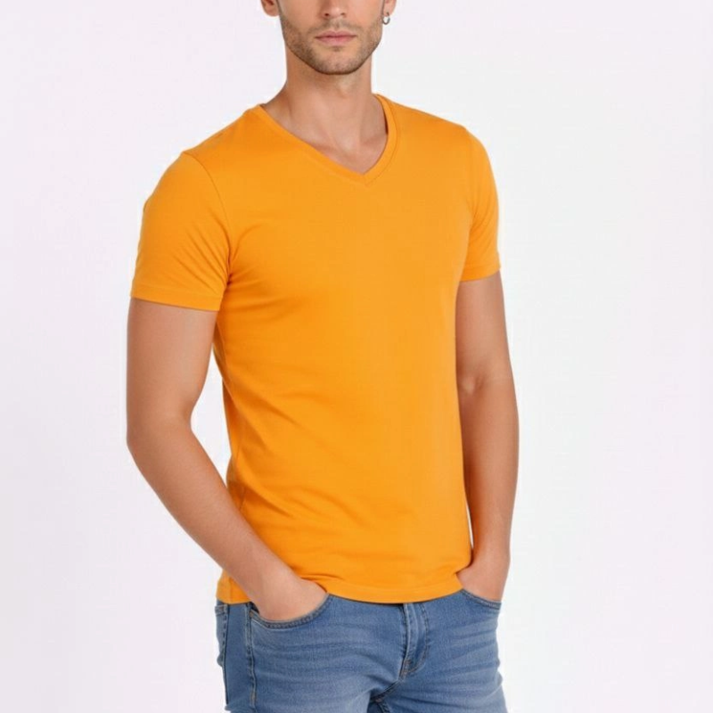 Erkek Body T-shirt V Yaka Slim Fit Likralı Kısa kol Tişört - Sarı