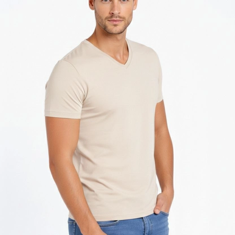 Erkek Body T-shirt V Yaka Slim Fit Likralı Kısa kol Tişört - Taş