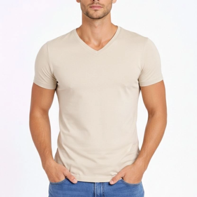 Erkek Body T-shirt V Yaka Slim Fit Likralı Kısa kol Tişört - Taş
