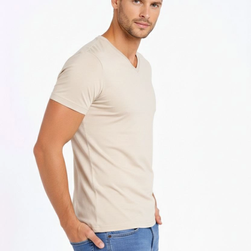 Erkek Body T-shirt V Yaka Slim Fit Likralı Kısa kol Tişört - Taş