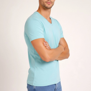 Erkek Body T-shirt V Yaka Slim Fit Likralı Kısa kol Tişört - Turkuvaz