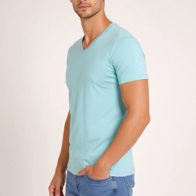 Erkek Body T-shirt V Yaka Slim Fit Likralı Kısa kol Tişört - Turkuvaz