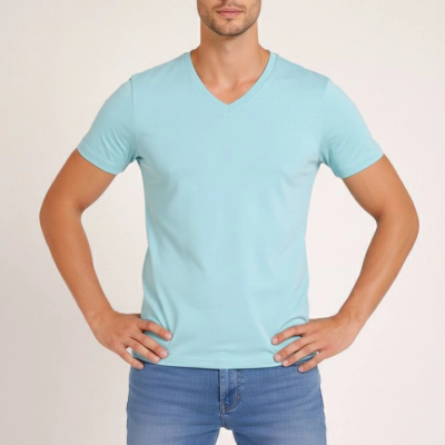 Erkek Body T-shirt V Yaka Slim Fit Likralı Kısa kol Tişört - Turkuvaz