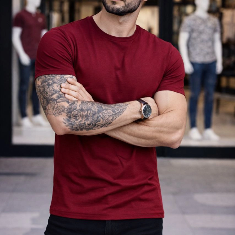 Erkek Body Tişört Bisiklet Yaka Slim Fit Likralı T-Shirt - Bordo