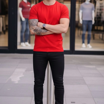 Erkek Body Tişört Bisiklet Yaka Slim Fit Likralı T-Shirt -  Kırmızı