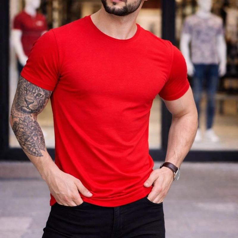 Erkek Body Tişört Bisiklet Yaka Slim Fit Likralı T-Shirt -  Kırmızı