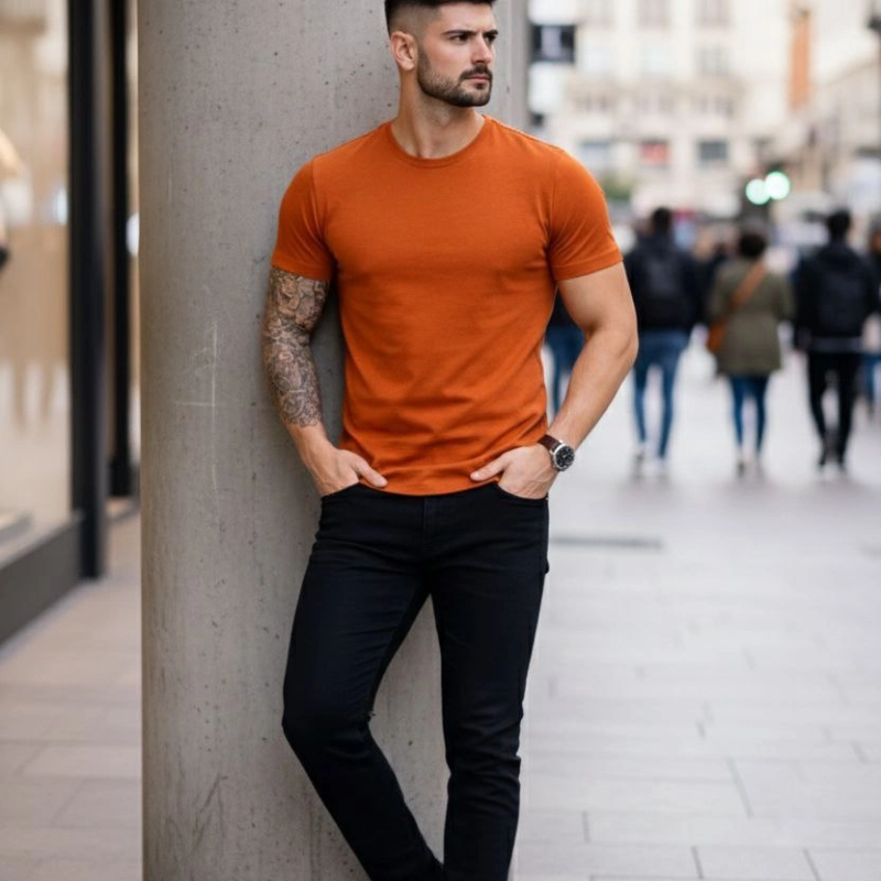 Erkek Body Tişört Bisiklet Yaka Slim Fit Likralı T-Shirt - Koyu Turuncu