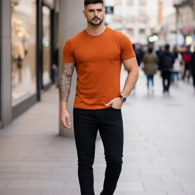 Erkek Body Tişört Bisiklet Yaka Slim Fit Likralı T-Shirt - Koyu Turuncu