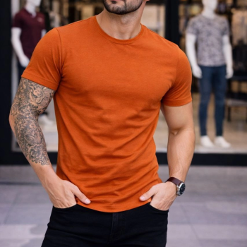 Erkek Body Tişört Bisiklet Yaka Slim Fit Likralı T-Shirt - Koyu Turuncu