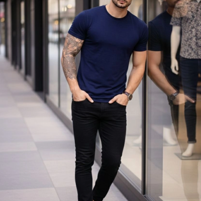 Erkek Body Tişört Bisiklet Yaka Slim Fit Likralı T-Shirt - Lacivert