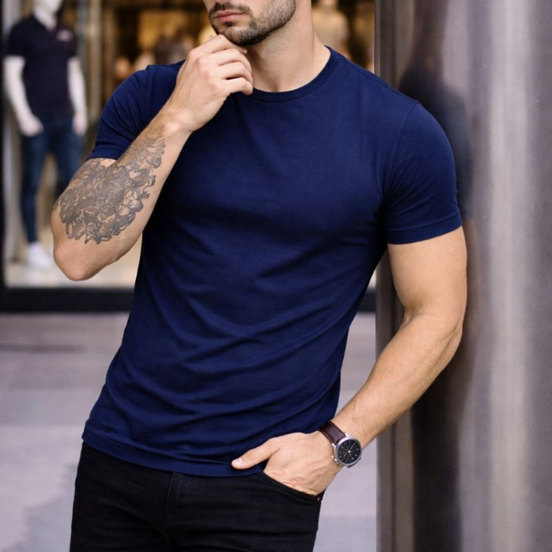 Erkek Body Tişört Bisiklet Yaka Slim Fit Likralı T-Shirt - Lacivert