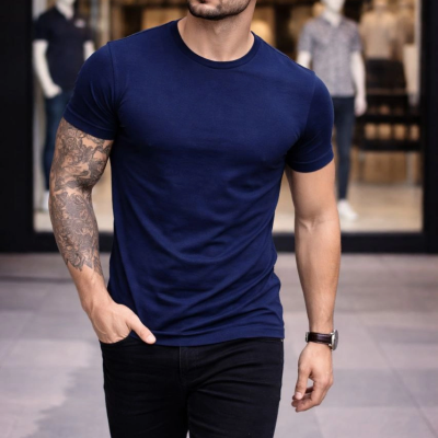 Erkek Body Tişört Bisiklet Yaka Slim Fit Likralı T-Shirt - Lacivert