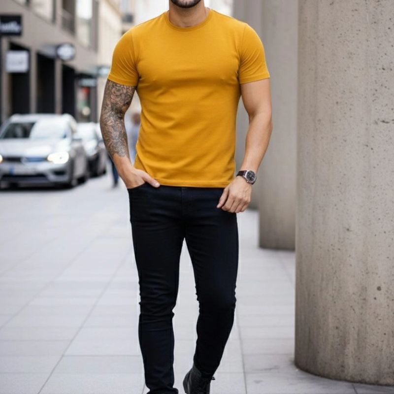 Erkek Body Tişört Bisiklet Yaka Slim Fit Likralı T-Shirt - Limon