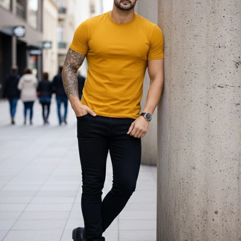 Erkek Body Tişört Bisiklet Yaka Slim Fit Likralı T-Shirt - Limon